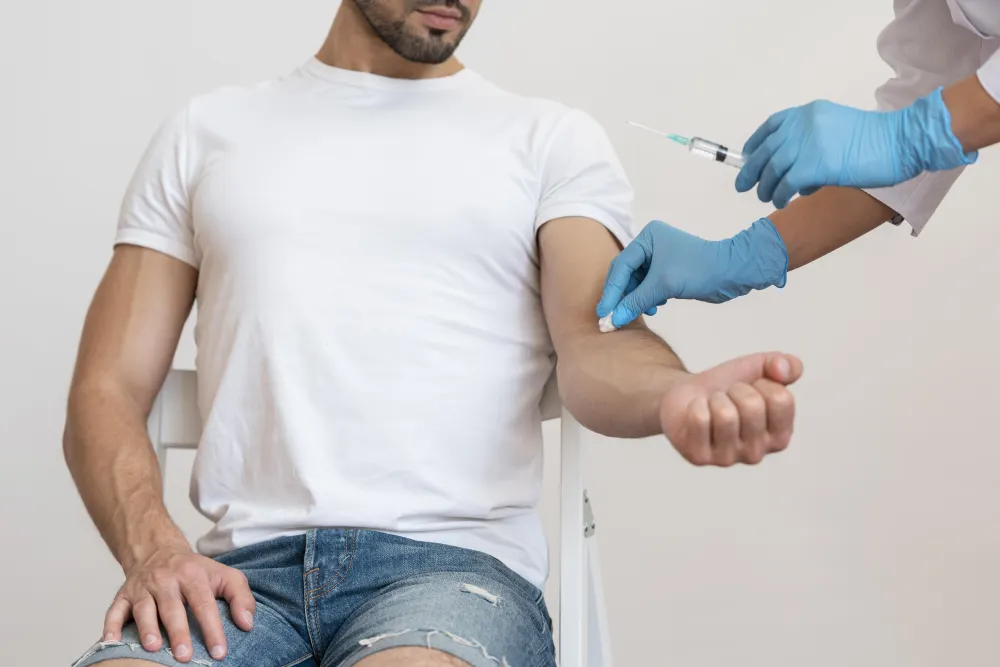 Ärztin gibt einer Patientin eine Spritze in den Oberarm